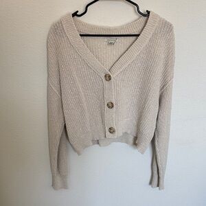American Eagle Outfitters Cream Cropped V-Neck Button Cardigan